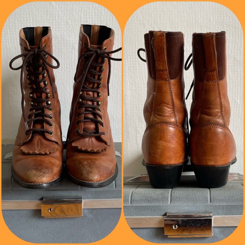 ARIAT Brown Leather Roper Lace-Up Fringe Toe Cowgirl Work Boots